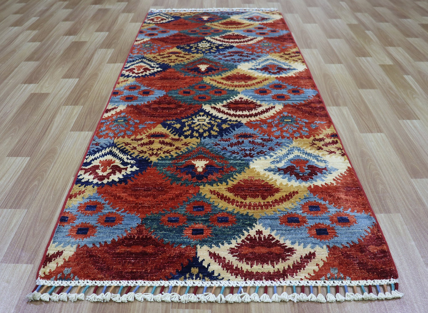 7 Ft Red Ikat Runner Rug, Afghan Hand Knotted Wool Traditional Rectangle Carpet, Entryway Rug, Hallway Rug, Kitchen Rug, Living Room Rug