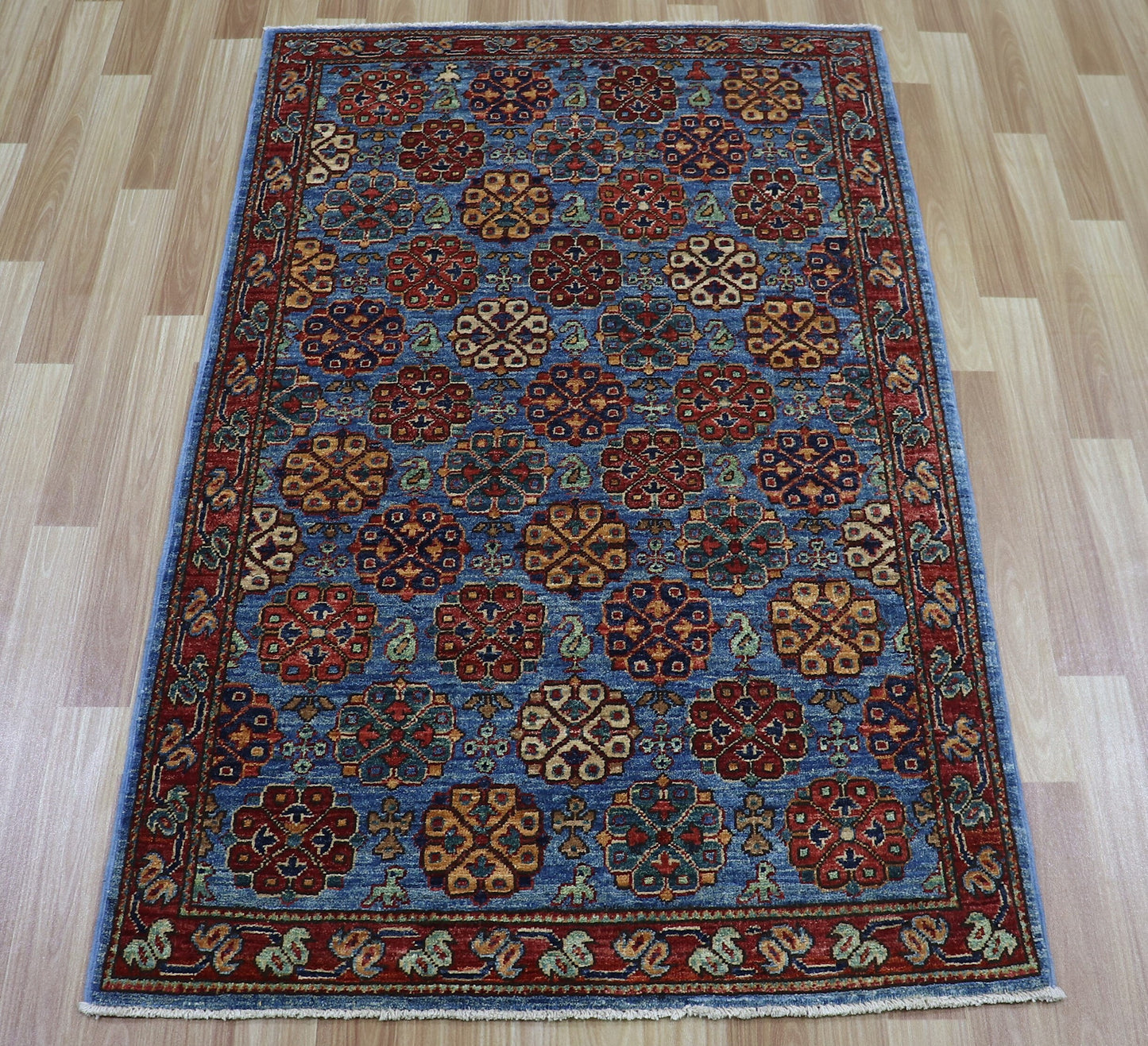 3x5 Ft Oriental Small Area Rug, Blue Red Afghan Hand Knotted Wool Traditional Rectangle Carpet, Rugs For Entryway, Kitchen Rug, Bathroom Rug