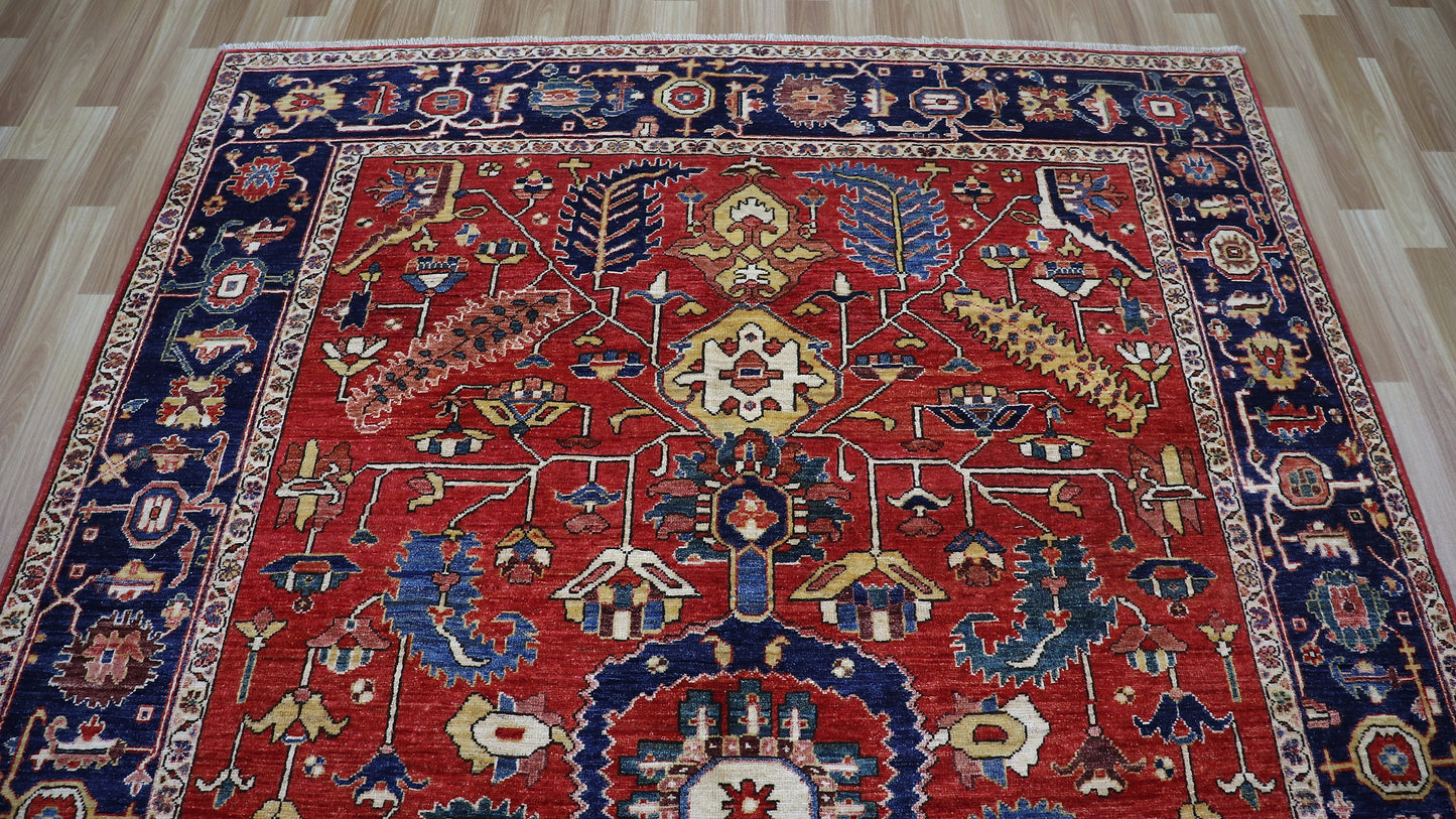 6x9 Ft Oriental Serapi Area Rug, Red Afghan Hand Knotted Wool Traditional Rectangle Carpet, Living Room Rug, Bedroom Rug, Dining Table Rug