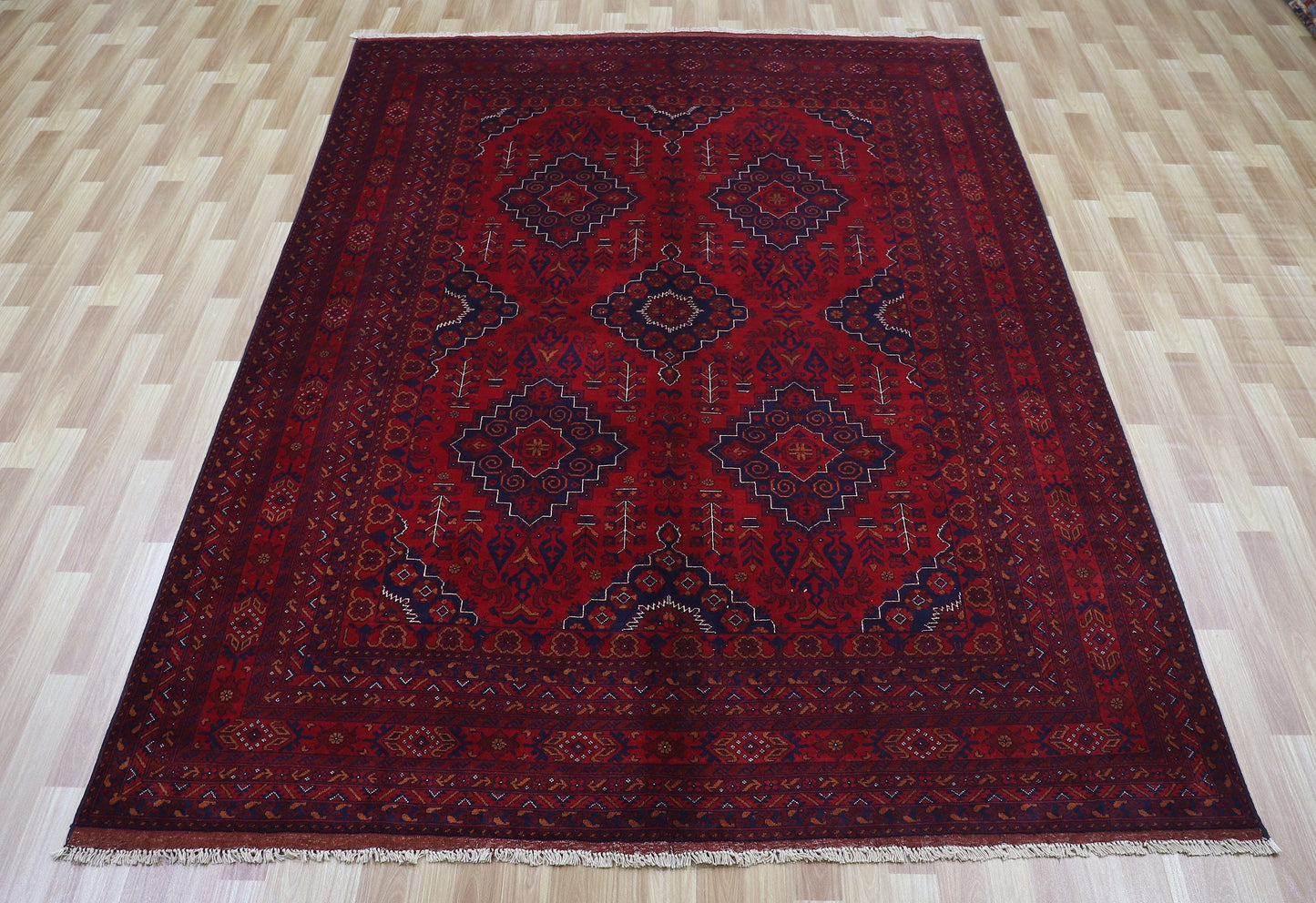 7x10 Ft Oriental Bokhara Area Rug, Red Afghan Hand Knotted Wool Traditional Rectangle Carpet, Living Room Rug, Bedroom Rug, Dining Table Rug