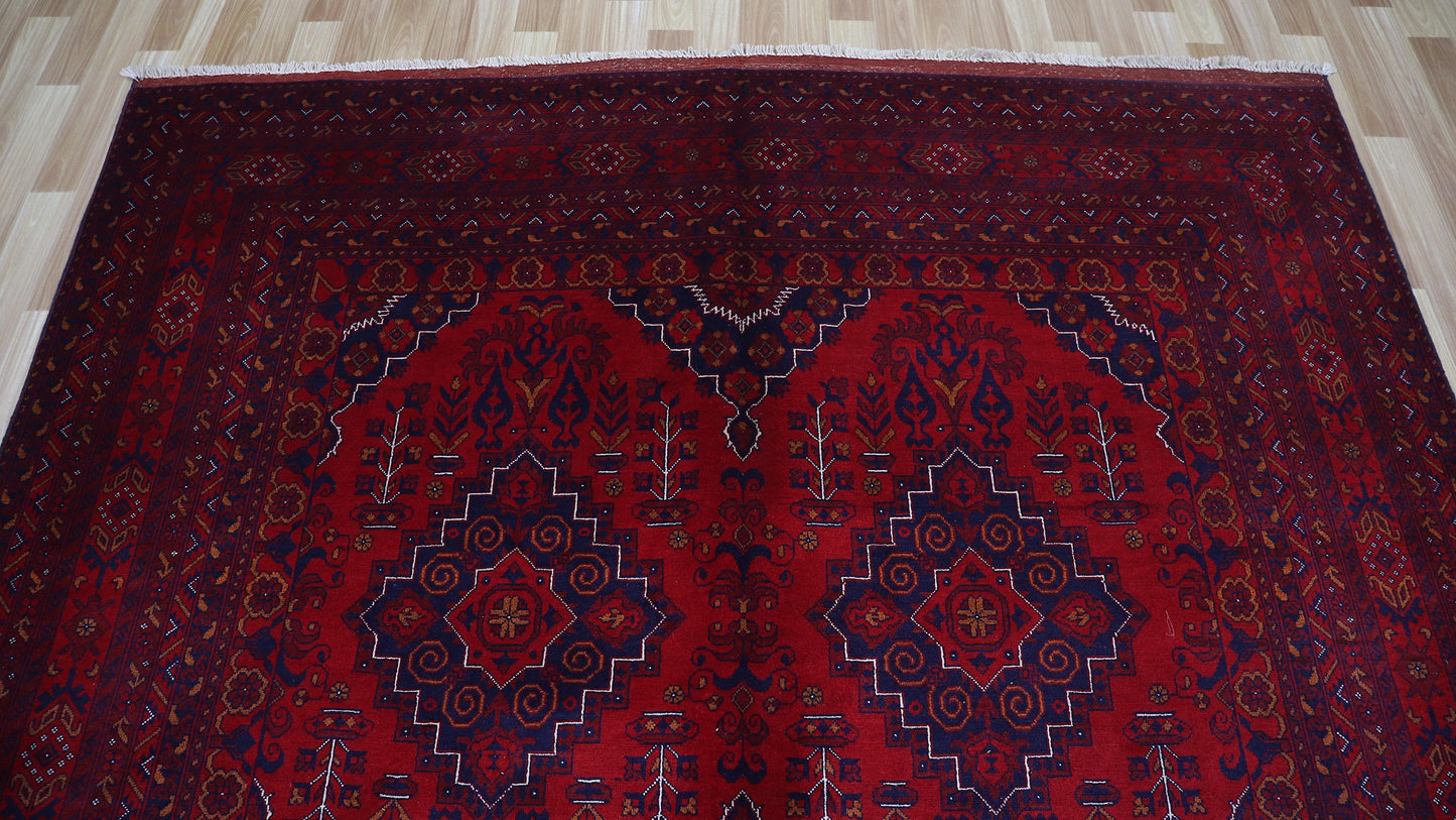 7x10 Ft Oriental Bokhara Area Rug, Red Afghan Hand Knotted Wool Traditional Rectangle Carpet, Living Room Rug, Bedroom Rug, Dining Table Rug