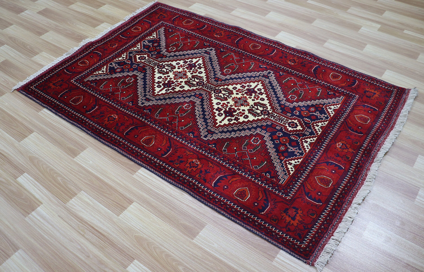 3x5 ft Oriental Bokhara Small Area Rug, Red Afghan Hand Knotted Wool Traditional Rectangle Carpet, Entryway Rug, Kitchen Rug, Bathroom Rug