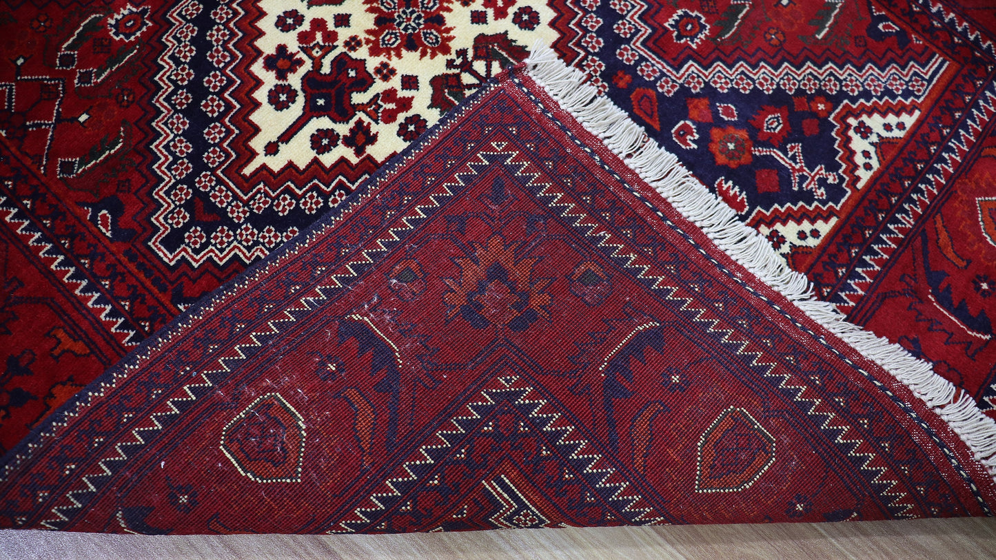 3x5 ft Oriental Bokhara Small Area Rug, Red Afghan Hand Knotted Wool Traditional Rectangle Carpet, Entryway Rug, Kitchen Rug, Bathroom Rug