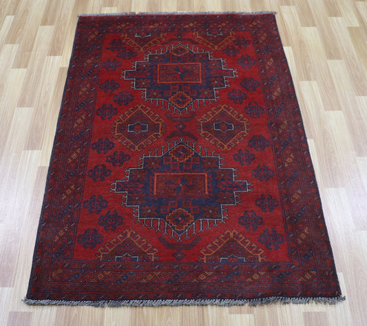 3x5 ft Oriental Bokhara Area Rug, Red Afghan Hand Knotted Wool Traditional Rectangle Carpet, Rugs For Entryway, Kitchen Rug, Bathroom Rug