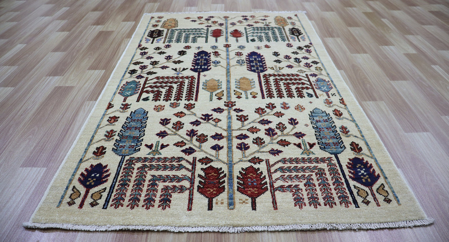 3x5 ft Tree Tribal Small Area Rug, Beige Afghan Hand Knotted Wool Traditional Rectangle Carpet, Rugs For Entryway, Kitchen Rug, Bathroom Rug