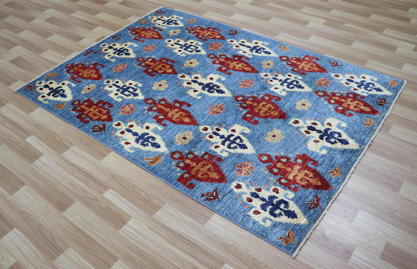 4x6 Ft Blue Oriental Area Rug, Afghan Hand Knotted Wool Traditional Rectangle Carpet, Living Room Rug, Bedroom Rug, Entryway Rug, Office Rug