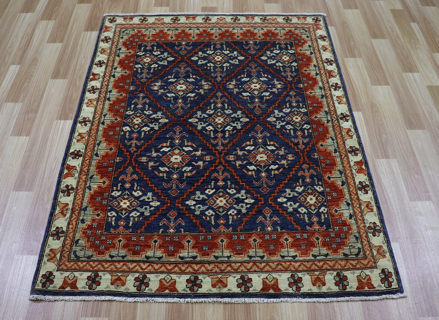 3x5 Ft Oriental Small Area Rug, Blue Red Afghan Hand Knotted Wool Traditional Rectangle Carpet, Rugs For Entryway, Kitchen Rug, Bathroom Rug