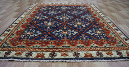 3x5 Ft Oriental Small Area Rug, Blue Red Afghan Hand Knotted Wool Traditional Rectangle Carpet, Rugs For Entryway, Kitchen Rug, Bathroom Rug