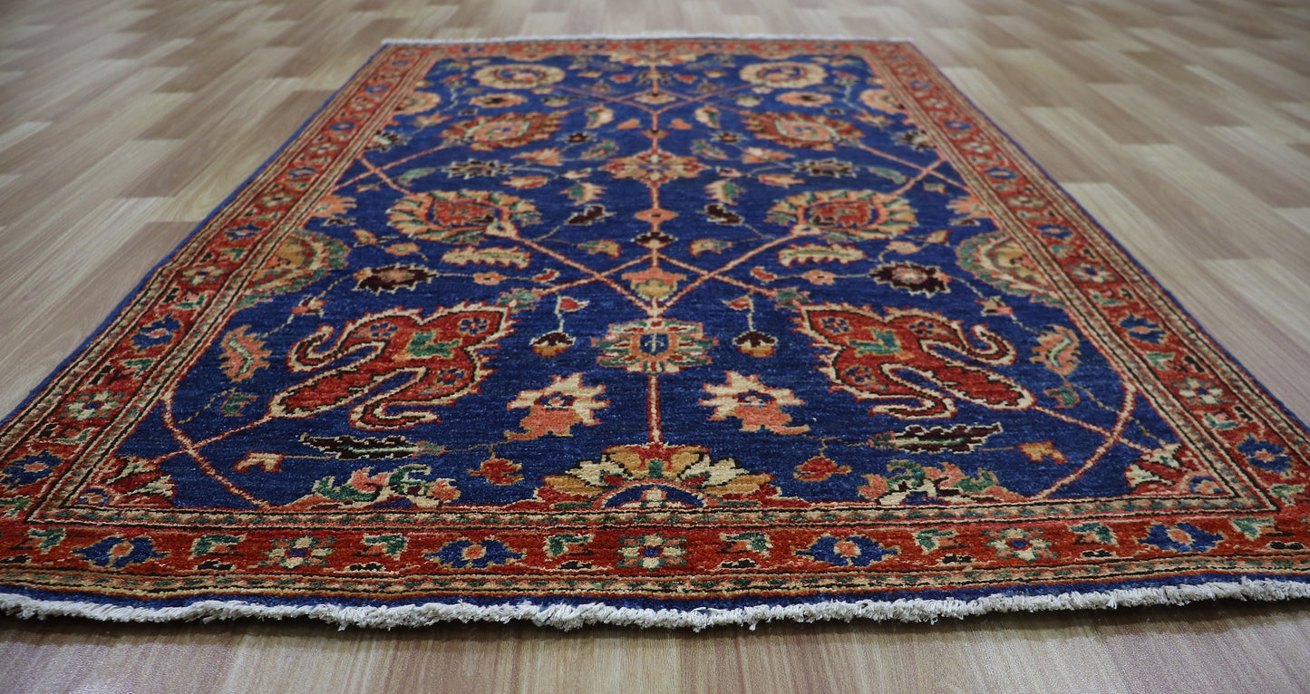 3x5 ft Floral Small Area Rug, Blue Red Afghan Hand Knotted Wool Traditional Rectangle Carpet, Rugs For Entryway, Kitchen Rug, Bathroom Rug