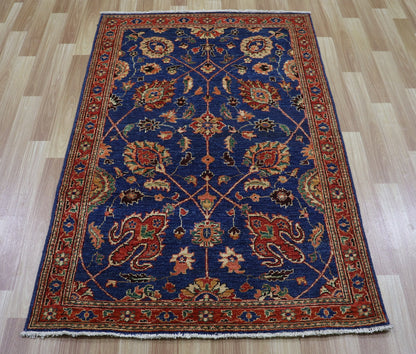 3x5 ft Floral Small Area Rug, Blue Red Afghan Hand Knotted Wool Traditional Rectangle Carpet, Rugs For Entryway, Kitchen Rug, Bathroom Rug