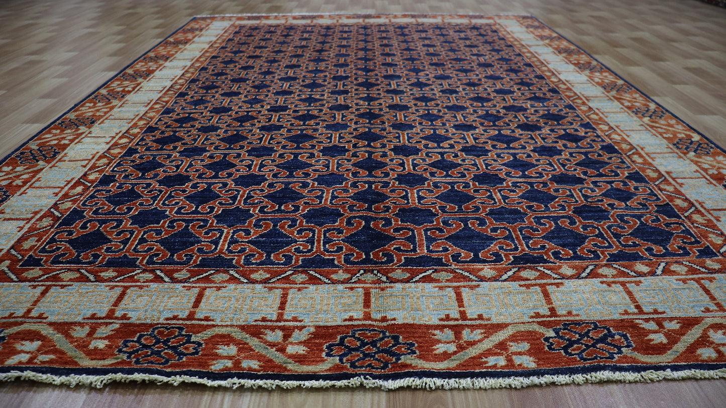 6x9 Ft Oriental Area Rug, Blue Red Afghan Hand Knotted Wool Traditional Rectangle Carpet, Rug For Living Room, Bedroom Rug, Dining Table Rug