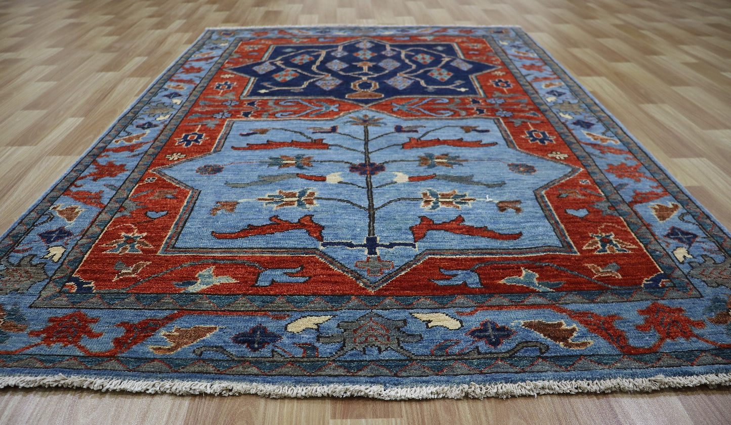 4x6 Ft Oriental Area Rug, Blue Red Afghan Hand Knotted Wool Traditional Rectangle Carpet, Rugs For Living Room, Bedroom Rug, Entryway Rug