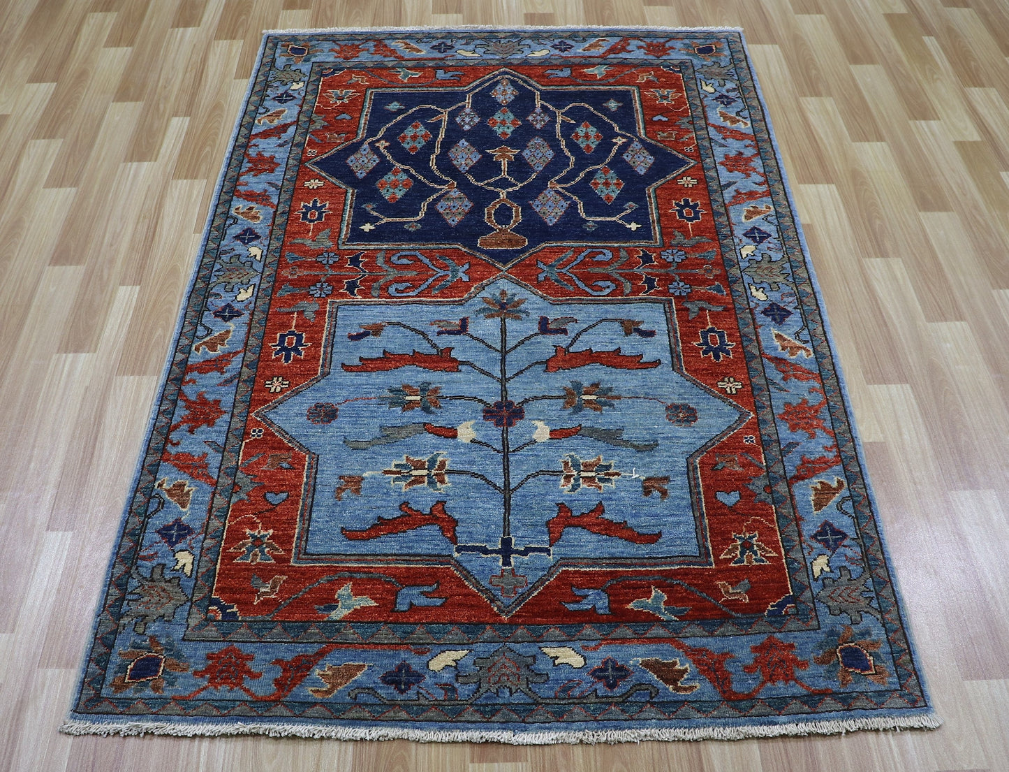 4x6 Ft Oriental Area Rug, Blue Red Afghan Hand Knotted Wool Traditional Rectangle Carpet, Rugs For Living Room, Bedroom Rug, Entryway Rug