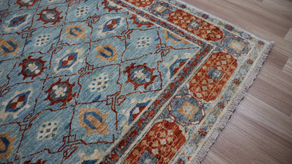 4x6 Ft Oriental Area Rug, Blue Red Afghan Hand Knotted Wool Traditional Rectangle Carpet, Rugs For Living Room, Bedroom Rug, Entryway Rug