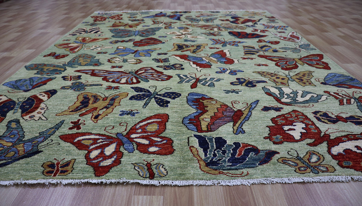 6x8 ft Butterfly Gabbeh Area Rug, Green Afghan Hand Knotted Wool Tribal Rectangle Carpet, Rug For Living Room, Bedroom Rug, Dining Table Rug