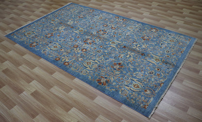 5x8 ft Blue Floral Area Rug, Afghan Hand Knotted Wool Traditional Rectangle Area Carpet, Rugs For Living Room, Bedroom Rug, Dining Table Rug