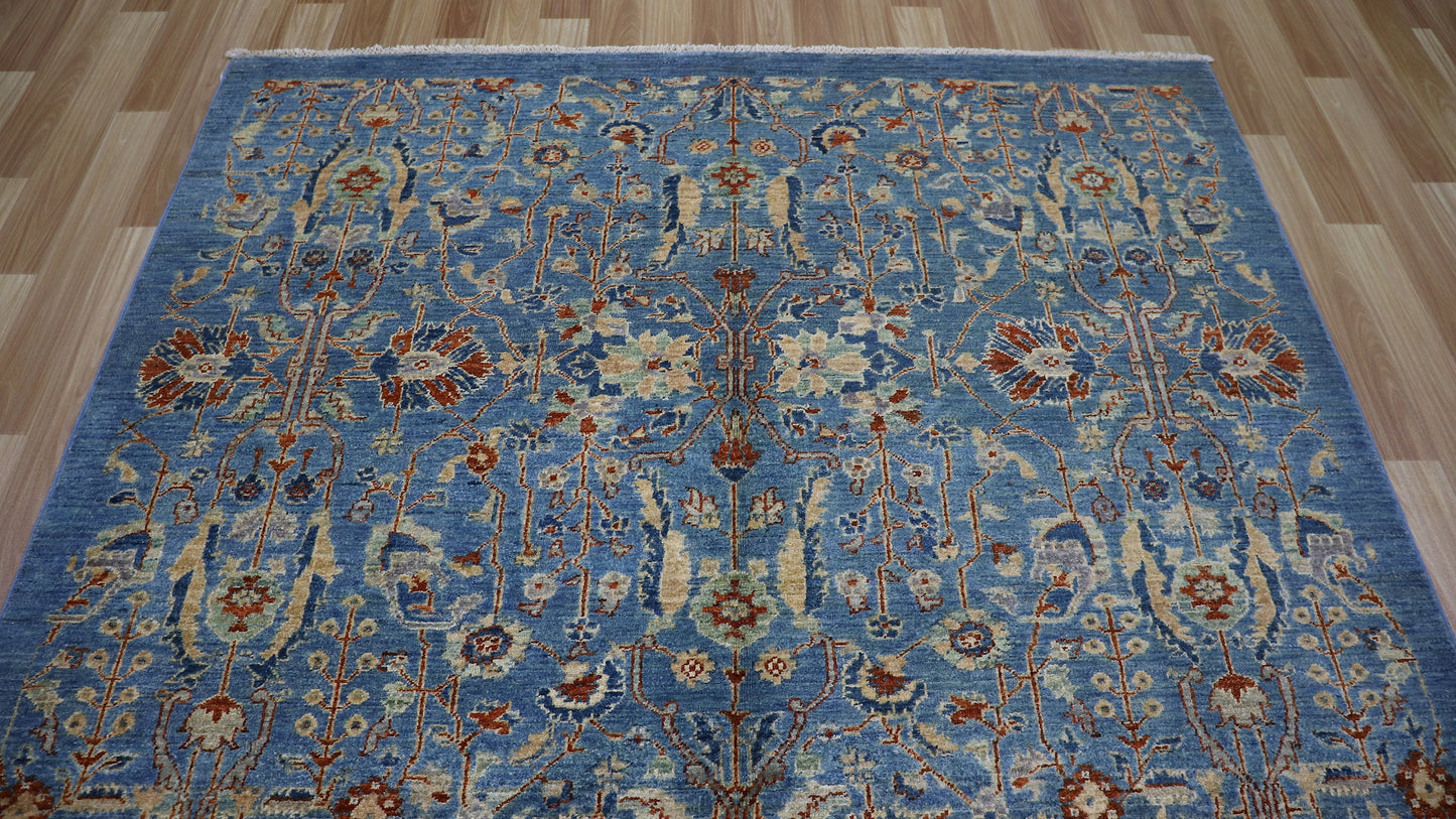 5x8 ft Blue Floral Area Rug, Afghan Hand Knotted Wool Traditional Rectangle Area Carpet, Rugs For Living Room, Bedroom Rug, Dining Table Rug