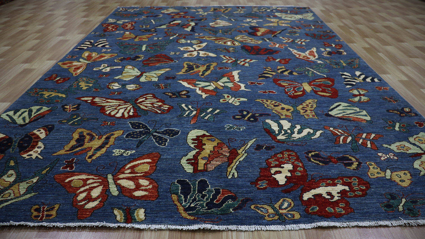 6x9 ft Butterfly Gabbeh Area Rug, Blue Afghan Hand Knotted Wool Tribal Rectangle Carpet, Rugs For Living Room, Bedroom Rug, Dining Table Rug