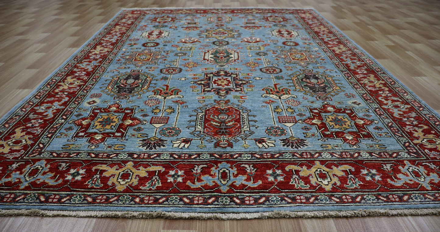 5x8 Ft Oriental Boho Area Rug, Blue Afghan Hand Knotted Wool Traditional Rectangle Carpet, Living Room Rug, Bedroom Rug, Dining Table Rug