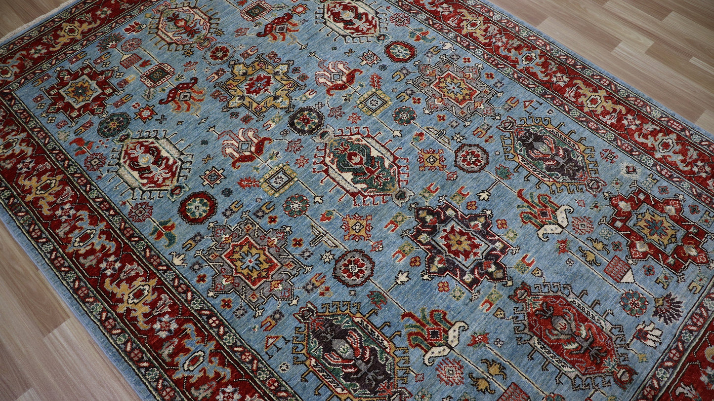 5x8 Ft Oriental Boho Area Rug, Blue Afghan Hand Knotted Wool Traditional Rectangle Carpet, Living Room Rug, Bedroom Rug, Dining Table Rug