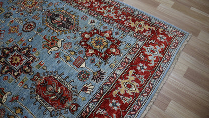 5x8 Ft Oriental Boho Area Rug, Blue Afghan Hand Knotted Wool Traditional Rectangle Carpet, Living Room Rug, Bedroom Rug, Dining Table Rug