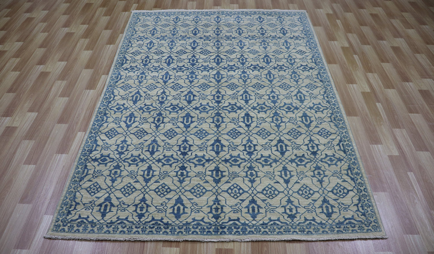 5x7 Ft Oriental Area Rug, Beige Blue Afghan Hand Knotted Wool Transitional Rectangle Carpet, Rugs For Living Room, Bedroom Rug, Kitchen Rug