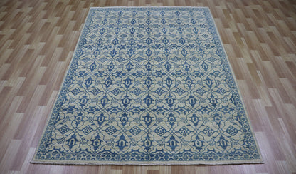 5x7 Ft Oriental Area Rug, Beige Blue Afghan Hand Knotted Wool Transitional Rectangle Carpet, Rugs For Living Room, Bedroom Rug, Kitchen Rug