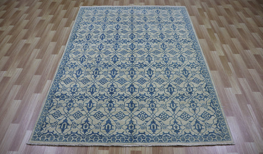 5x7 Ft Oriental Area Rug, Beige Blue Afghan Hand Knotted Wool Transitional Rectangle Carpet, Rugs For Living Room, Bedroom Rug, Kitchen Rug