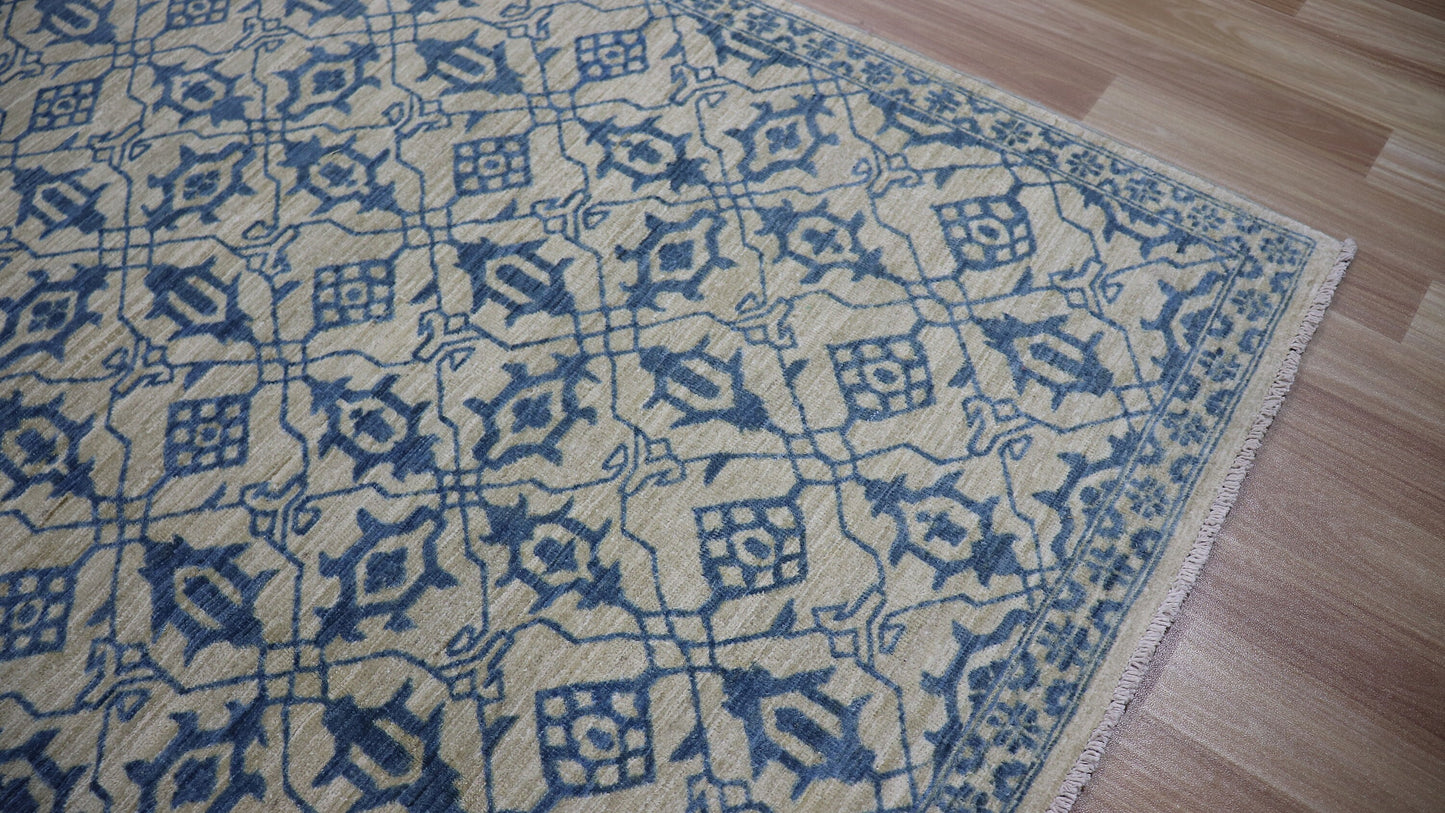 5x7 Ft Oriental Area Rug, Beige Blue Afghan Hand Knotted Wool Transitional Rectangle Carpet, Rugs For Living Room, Bedroom Rug, Kitchen Rug