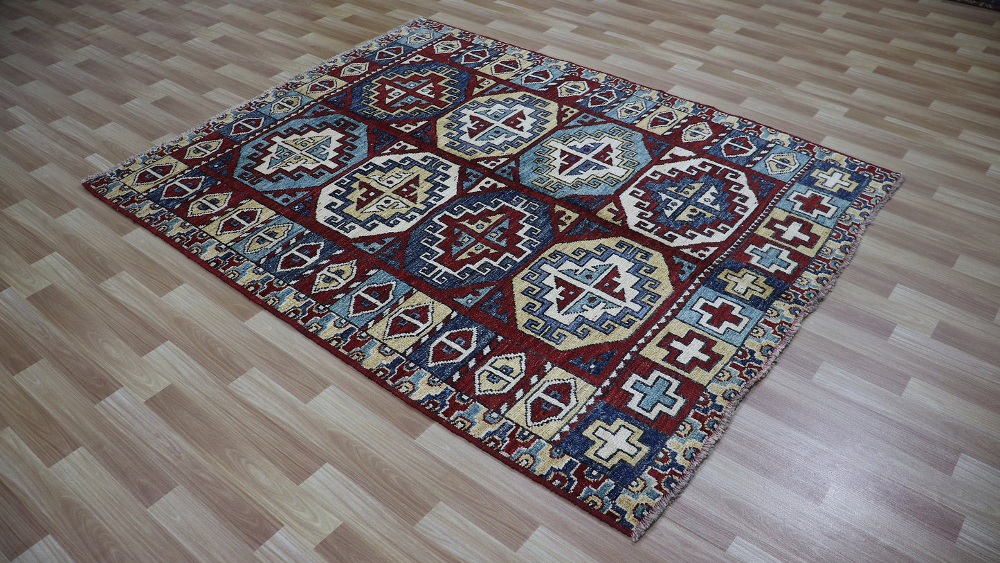 5x7 Ft Oriental Bokhara Area Rug, Red Afghan Hand Knotted Plush Wool Traditional Rectangle Carpet, Living Room Rug, Bedroom Rug, Kitchen Rug