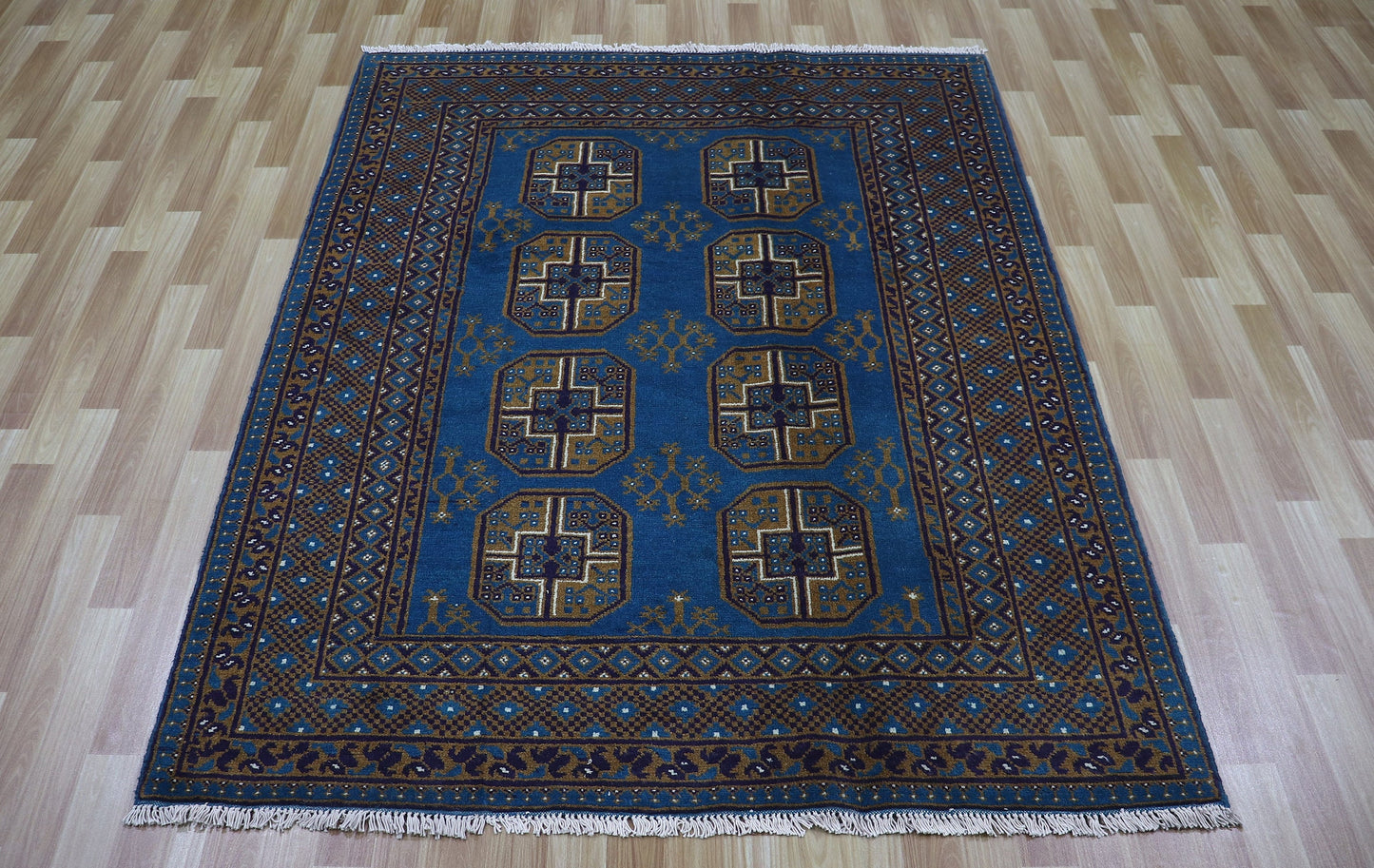 5x6 Ft Oriental Bokhara Plush Wool Area Rug, Blue Afghan Hand Knotted Traditional Rectangle Carpet, Living Room Rug, Bedroom Rug, Office Rug