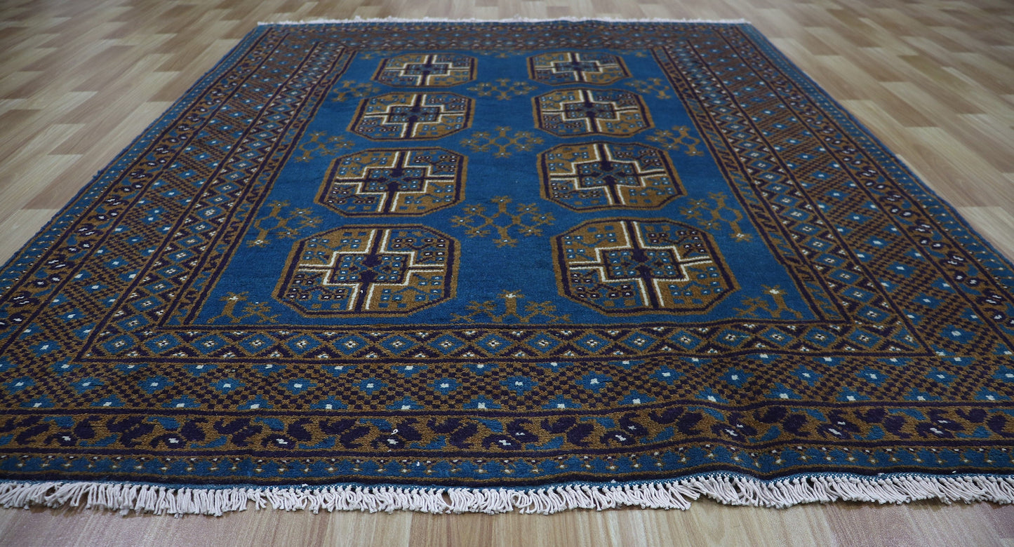 5x6 Ft Oriental Bokhara Plush Wool Area Rug, Blue Afghan Hand Knotted Traditional Rectangle Carpet, Living Room Rug, Bedroom Rug, Office Rug