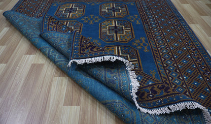 5x6 Ft Oriental Bokhara Plush Wool Area Rug, Blue Afghan Hand Knotted Traditional Rectangle Carpet, Living Room Rug, Bedroom Rug, Office Rug