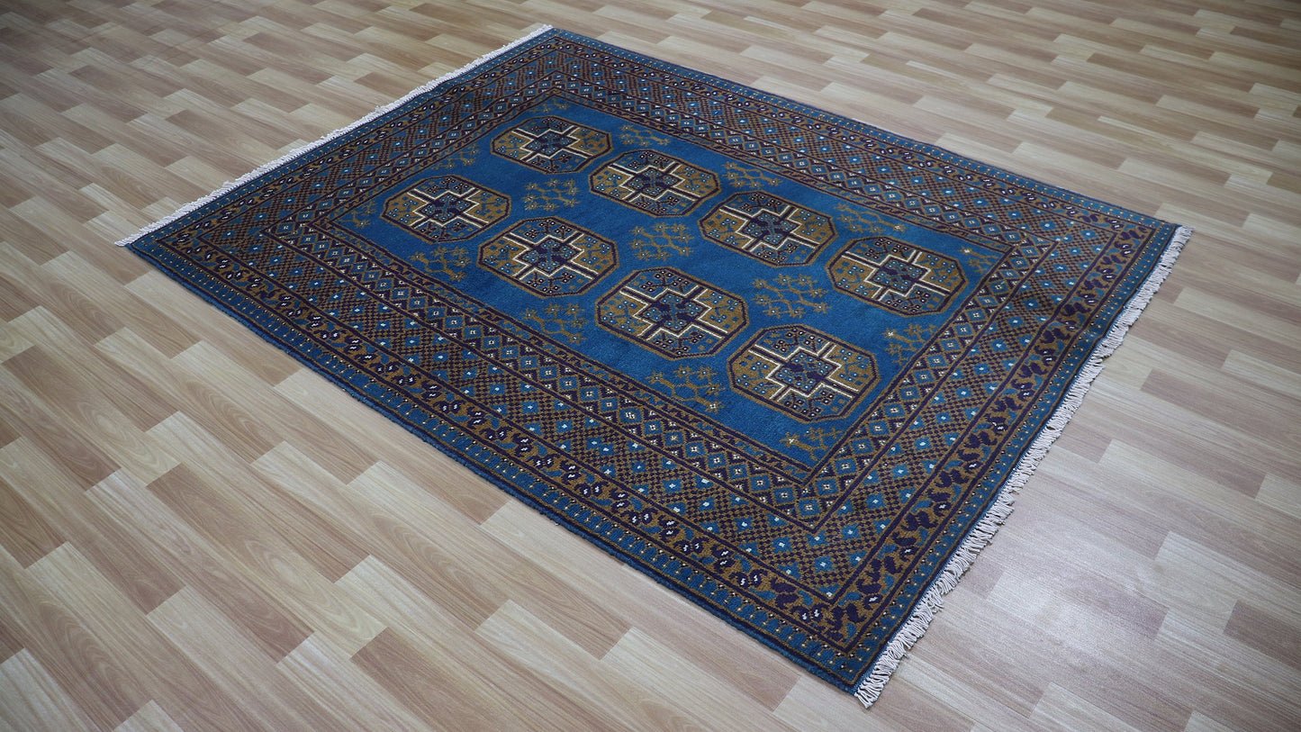 5x6 Ft Oriental Bokhara Plush Wool Area Rug, Blue Afghan Hand Knotted Traditional Rectangle Carpet, Living Room Rug, Bedroom Rug, Office Rug