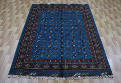 6x8 Ft Blue Bokhara Plush Wool Area Rug, Afghan Hand Knotted Oriental Rectangle Carpet, Rugs For Living Room, Bedroom Rug, Dining Table Rug