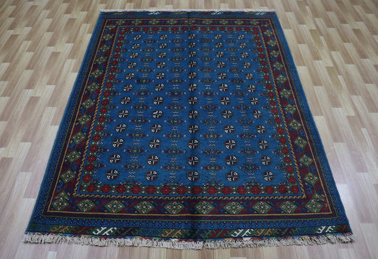 6x8 Ft Blue Bokhara Plush Wool Area Rug, Afghan Hand Knotted Oriental Rectangle Carpet, Rugs For Living Room, Bedroom Rug, Dining Table Rug