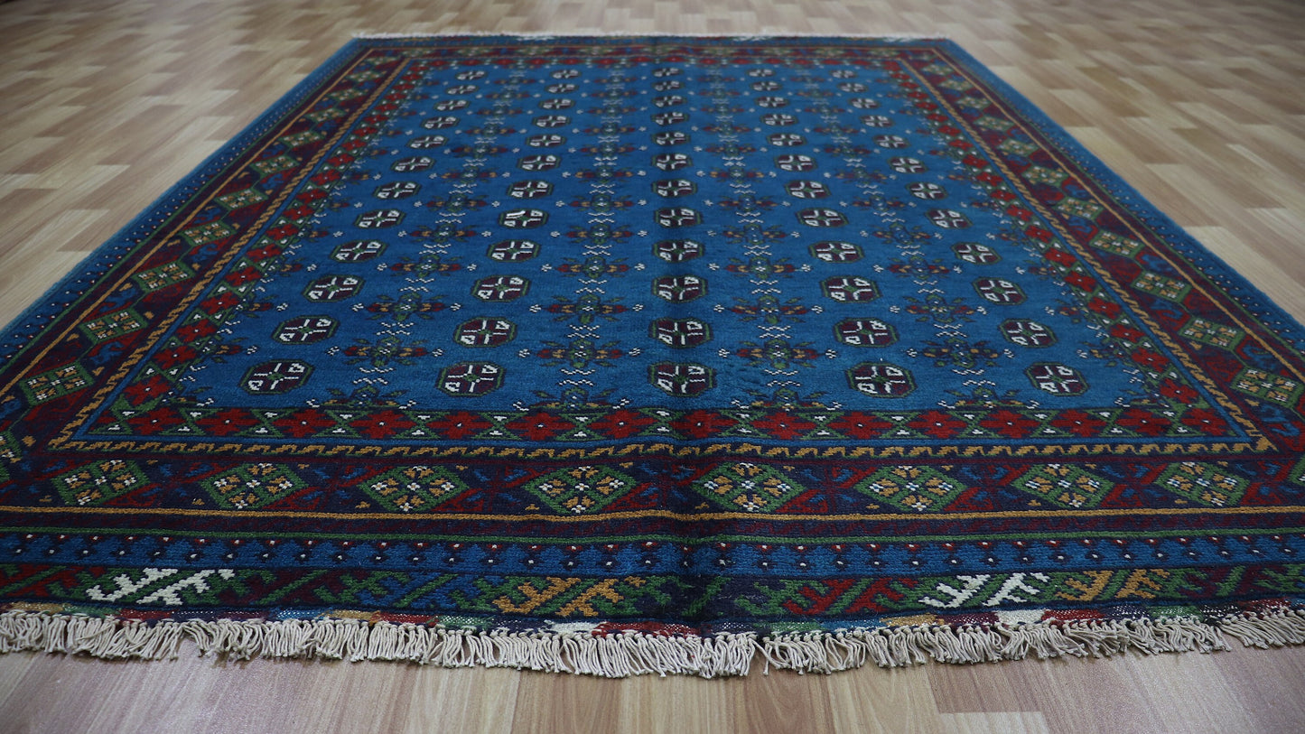 6x8 Ft Blue Bokhara Plush Wool Area Rug, Afghan Hand Knotted Oriental Rectangle Carpet, Rugs For Living Room, Bedroom Rug, Dining Table Rug