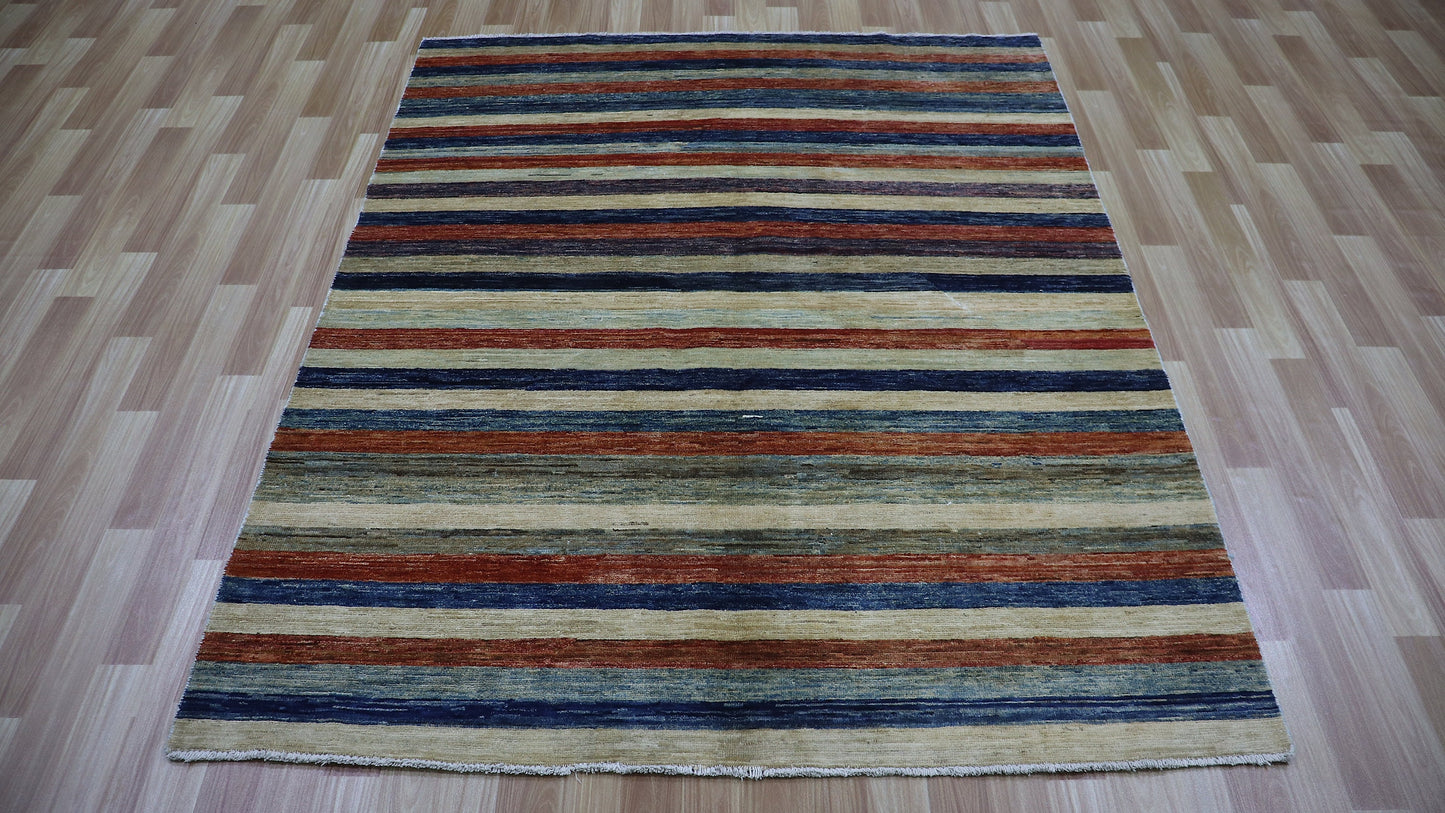 5x6 ft Striped Gabbeh Area Rug, Afghan Hand Knotted Plush Wool Transitional Rectangle Carpet, Rugs For Living Room, Bedroom Rug, Kitchen Rug