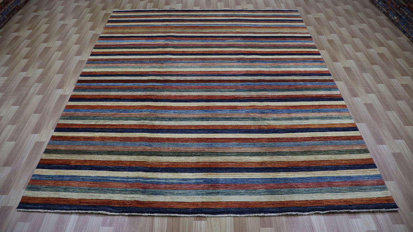 8x10 ft Striped Gabbeh Area Rug, Afghan Hand Knotted Wool Transitional Rectangle Carpet, Rugs For Living Room, Bedroom Rug, Dining Table Rug