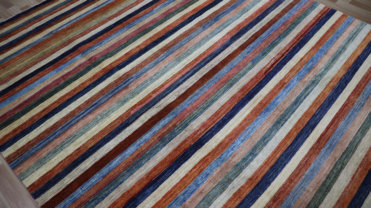 8x10 ft Striped Gabbeh Area Rug, Afghan Hand Knotted Wool Transitional Rectangle Carpet, Rugs For Living Room, Bedroom Rug, Dining Table Rug