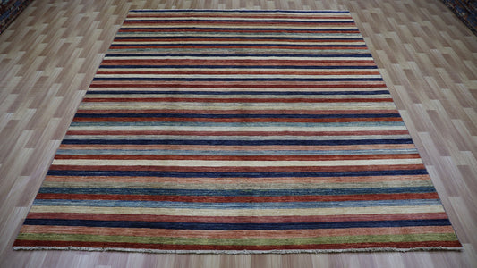 8x10 ft Gabbeh Striped Area Rug, Afghan Hand Knotted Wool Traditional Rectangle Carpet, Rugs For Living Room, Bedroom Rug, Dining Table Rug