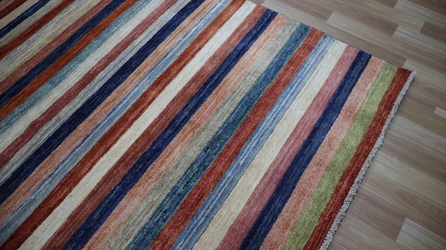 8x10 ft Gabbeh Striped Area Rug, Afghan Hand Knotted Wool Traditional Rectangle Carpet, Rugs For Living Room, Bedroom Rug, Dining Table Rug