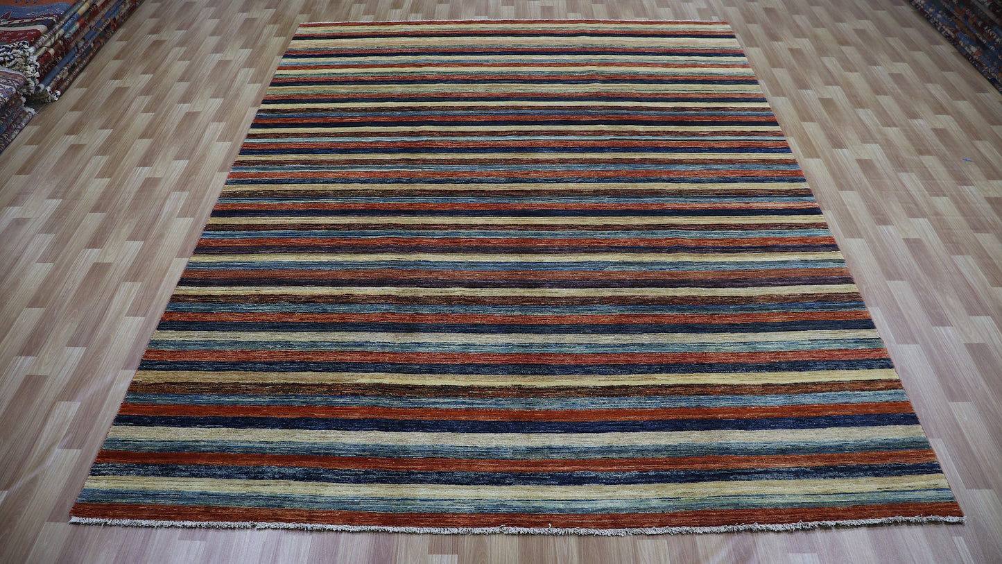 8x11 ft Striped Gabbeh Area Rug, Afghan Hand Knotted Wool Transitional Rectangle Carpet, Rugs For Living Room, Bedroom Rug, Dining Table Rug