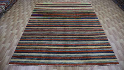 8x11 ft Striped Gabbeh Area Rug, Afghan Hand Knotted Wool Transitional Rectangle Carpet, Rugs For Living Room, Bedroom Rug, Dining Table Rug