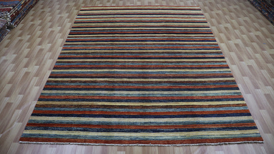 8x11 ft Striped Gabbeh Area Rug, Afghan Hand Knotted Wool Transitional Rectangle Carpet, Rugs For Living Room, Bedroom Rug, Dining Table Rug