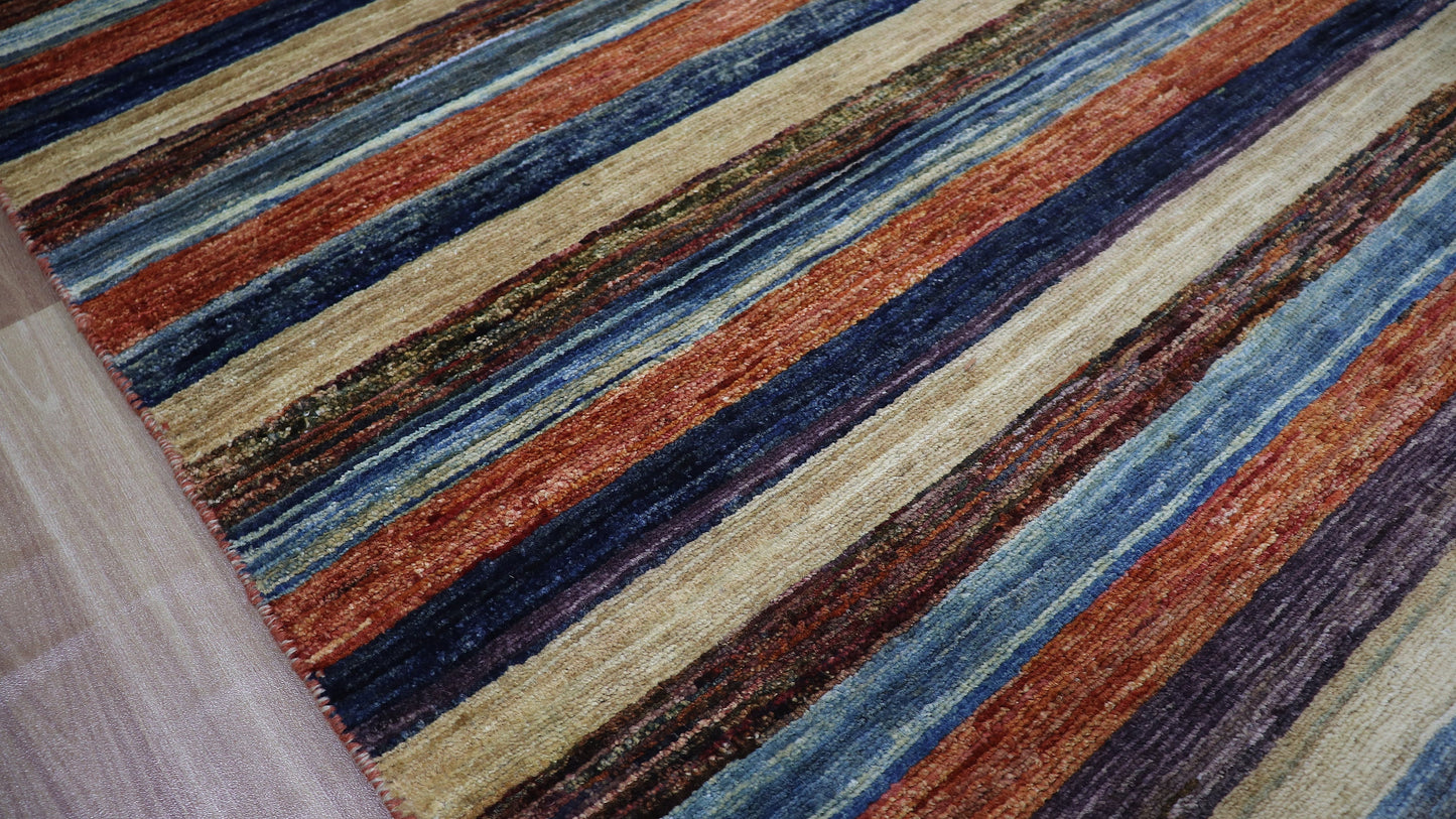 8x11 ft Striped Gabbeh Area Rug, Afghan Hand Knotted Wool Transitional Rectangle Carpet, Rugs For Living Room, Bedroom Rug, Dining Table Rug