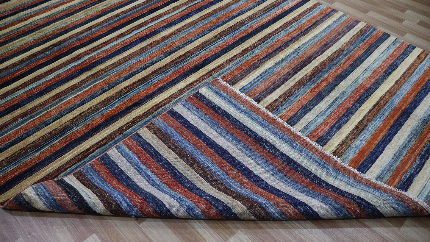 8x11 ft Striped Gabbeh Area Rug, Afghan Hand Knotted Wool Transitional Rectangle Carpet, Rugs For Living Room, Bedroom Rug, Dining Table Rug