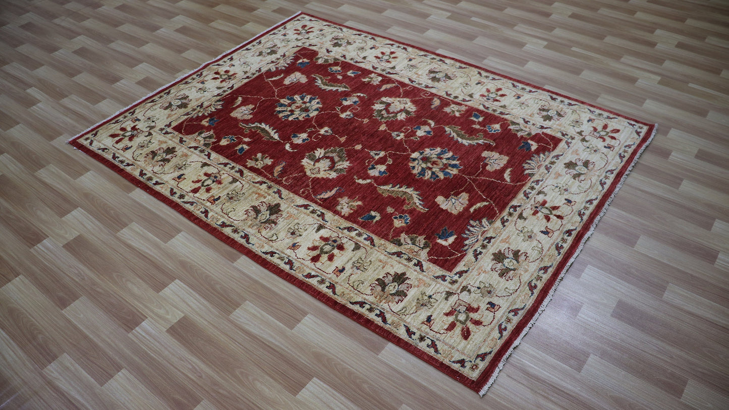 5x6 Ft Floral Area Rug, Red Afghan Hand Knotted Wool Traditional Rectangle Carpet, Living Room Rug, Bedroom Rug, Kitchen Rug, Entryway Rug