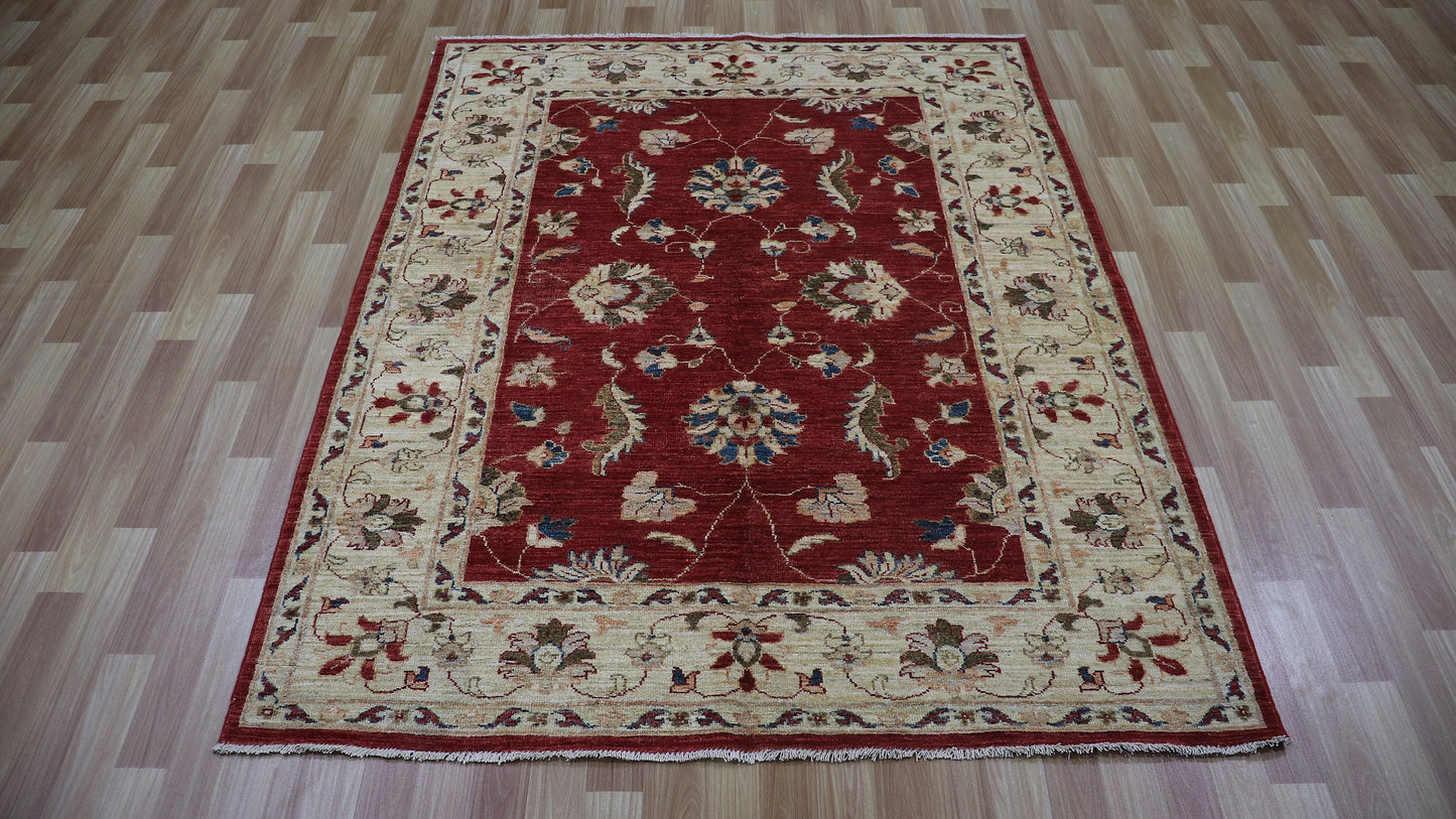 5x6 Ft Floral Area Rug, Red Afghan Hand Knotted Wool Traditional Rectangle Carpet, Living Room Rug, Bedroom Rug, Kitchen Rug, Entryway Rug