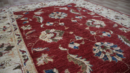 5x6 Ft Floral Area Rug, Red Afghan Hand Knotted Wool Traditional Rectangle Carpet, Living Room Rug, Bedroom Rug, Kitchen Rug, Entryway Rug